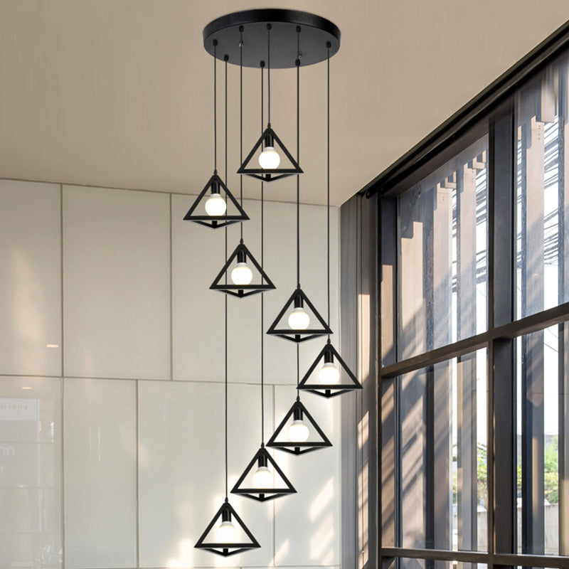 Geometric Cage Staircase Multi Ceiling Light - Metallic Suspension Fixture