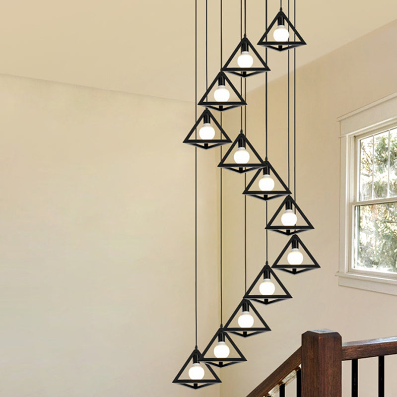 Geometric Cage Staircase Multi Ceiling Light - Metallic Suspension Fixture