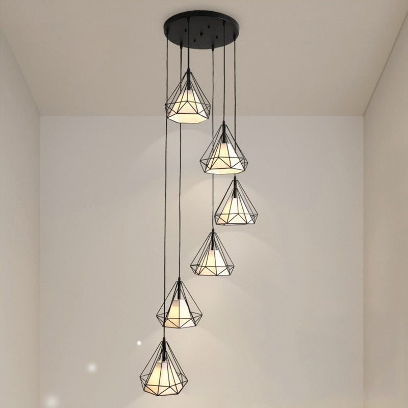 Diamond Cage Hanging Light with Metallic Staircase Design - Black Pendant with Inner Cone Shade
