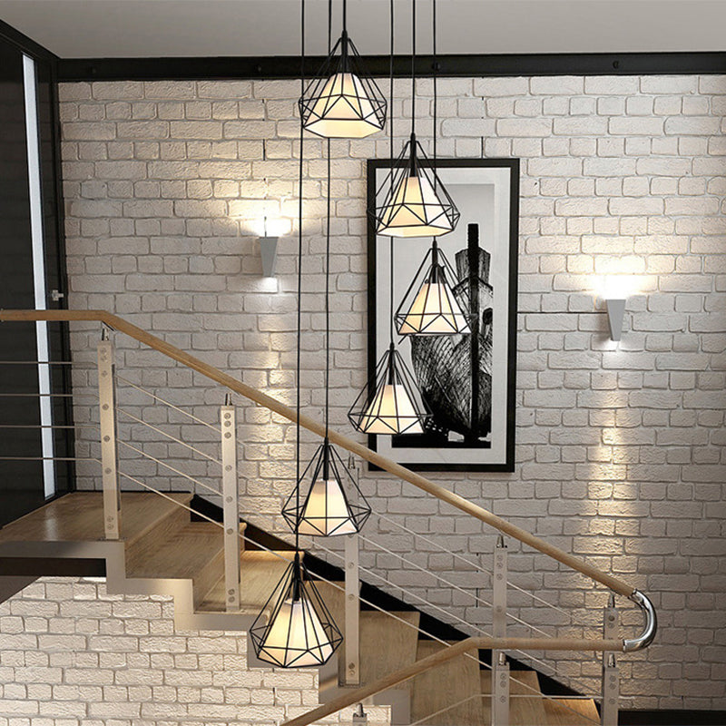 Diamond Cage Hanging Light with Metallic Staircase Design - Black Pendant with Inner Cone Shade