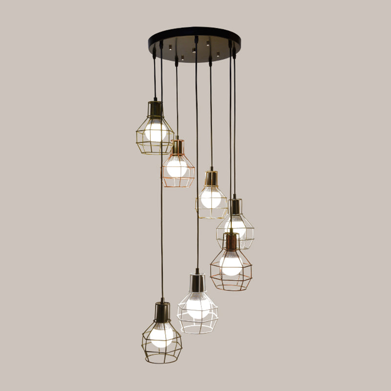 Minimalist Black Metal Grenade Cage Pendant Light for Staircase with Multiple Lights