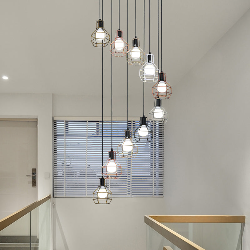 Minimalist Black Metal Grenade Cage Pendant Light for Staircase with Multiple Lights