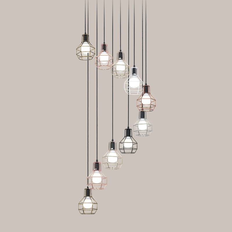 Minimalist Black Metal Grenade Cage Pendant Light for Staircase with Multiple Lights