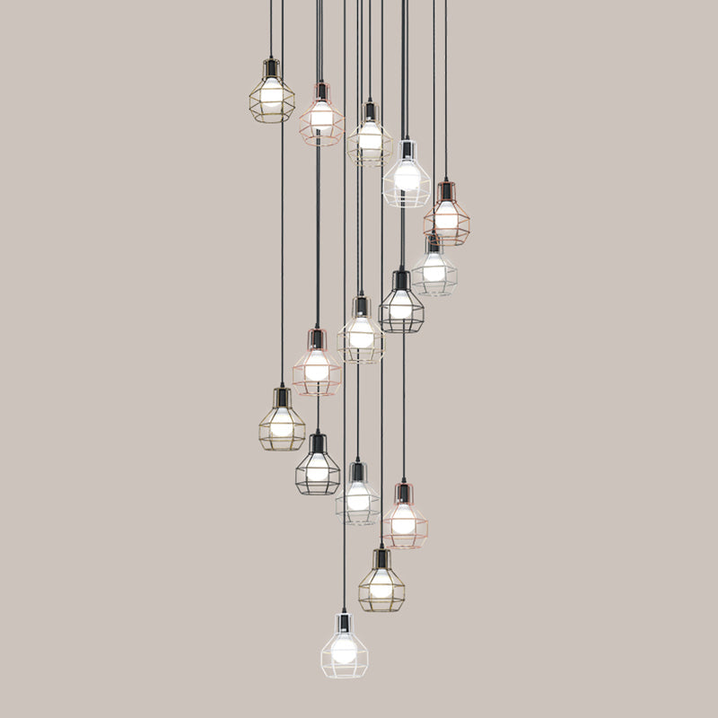 Minimalist Black Metal Grenade Cage Pendant Light for Staircase with Multiple Lights