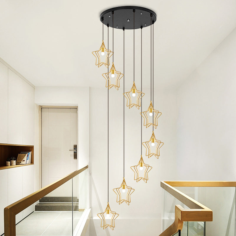 Sleek Gold Spiral Star Multi Ceiling Lamp - 8-Bulb Metallic Suspension Fixture for Entryway