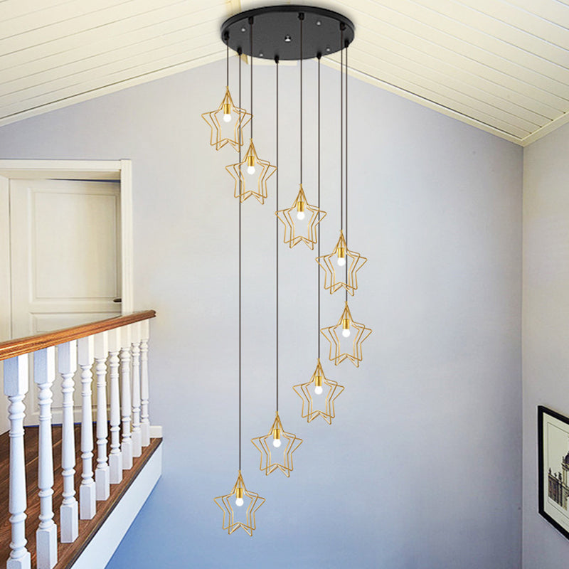 Sleek Gold Spiral Star Multi Ceiling Lamp - 8-Bulb Metallic Suspension Fixture for Entryway