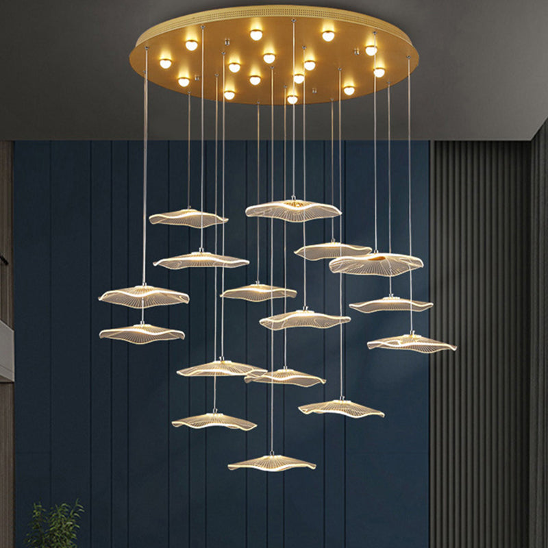 Contemporary Gold Lotus Leaf LED Staircase Light Pendant - Acrylic Multi Light
