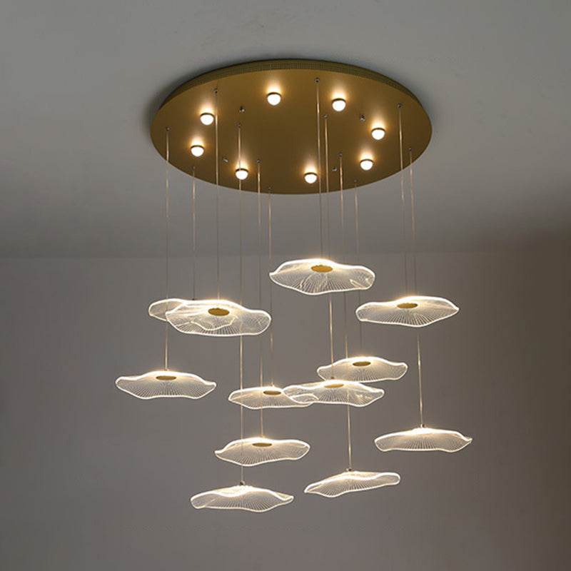 Contemporary Gold Lotus Leaf LED Staircase Light Pendant - Acrylic Multi Light