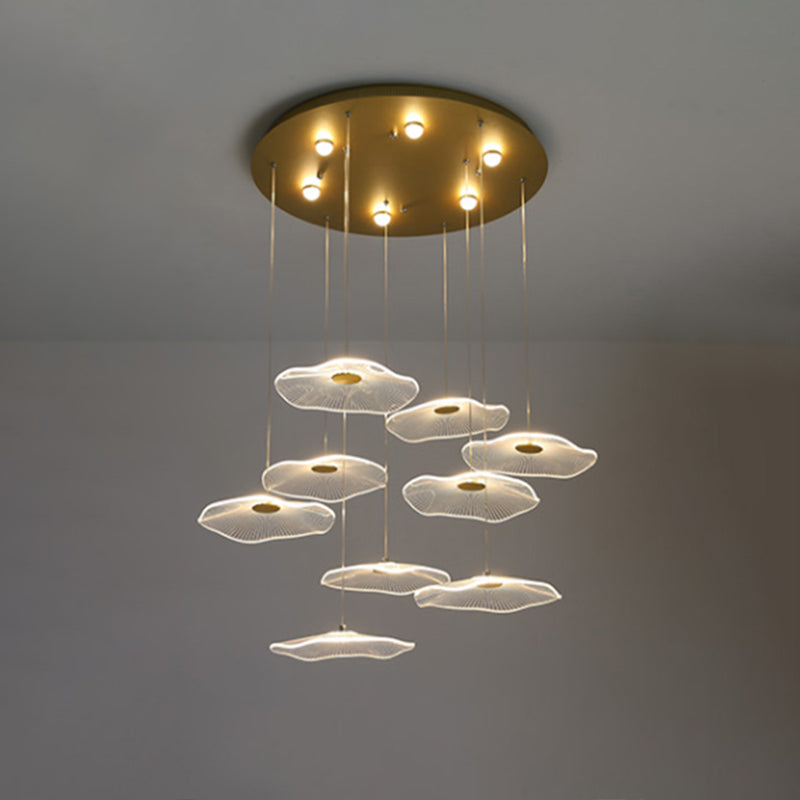 Contemporary Gold Lotus Leaf LED Staircase Light Pendant - Acrylic Multi Light