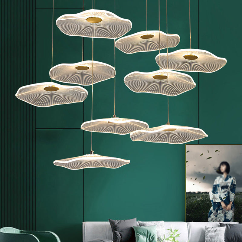 Contemporary Gold Lotus Leaf LED Staircase Light Pendant - Acrylic Multi Light