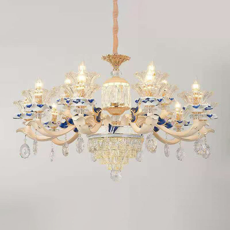 Vintage Beige Ruffle Floral Chandelier Light With Crystal Accent - Faceted Glass For Living Room