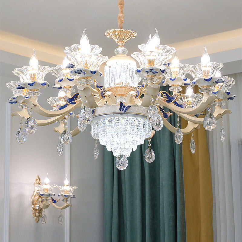Vintage Beige Ruffle Floral Chandelier Light With Crystal Accent - Faceted Glass For Living Room