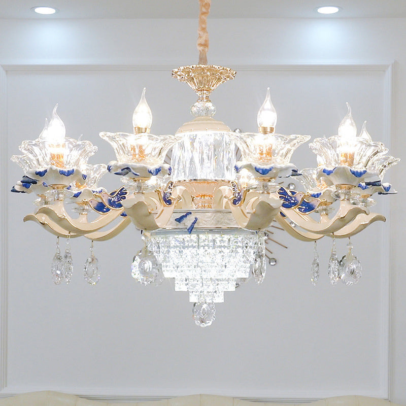 Vintage Beige Ruffle Floral Chandelier Light With Crystal Accent - Faceted Glass For Living Room