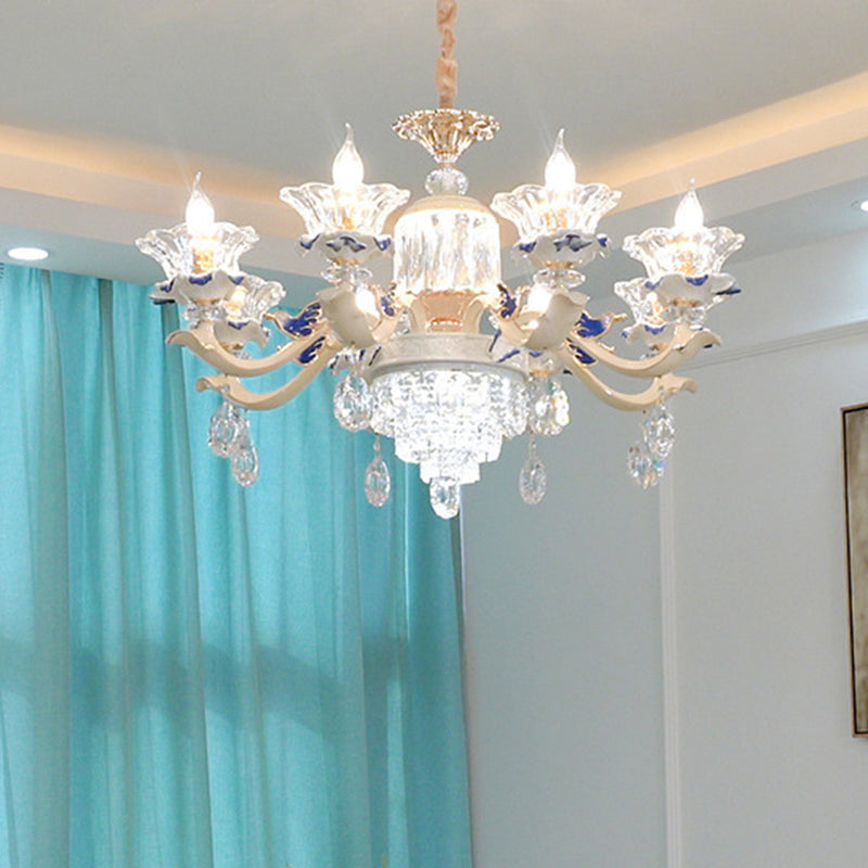 Vintage Beige Ruffle Floral Chandelier Light With Crystal Accent - Faceted Glass For Living Room