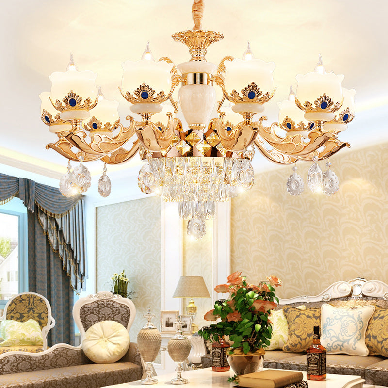 Vintage Floral Chandelier Pendant Light With Crystal - Cream Glass And Gold Finish