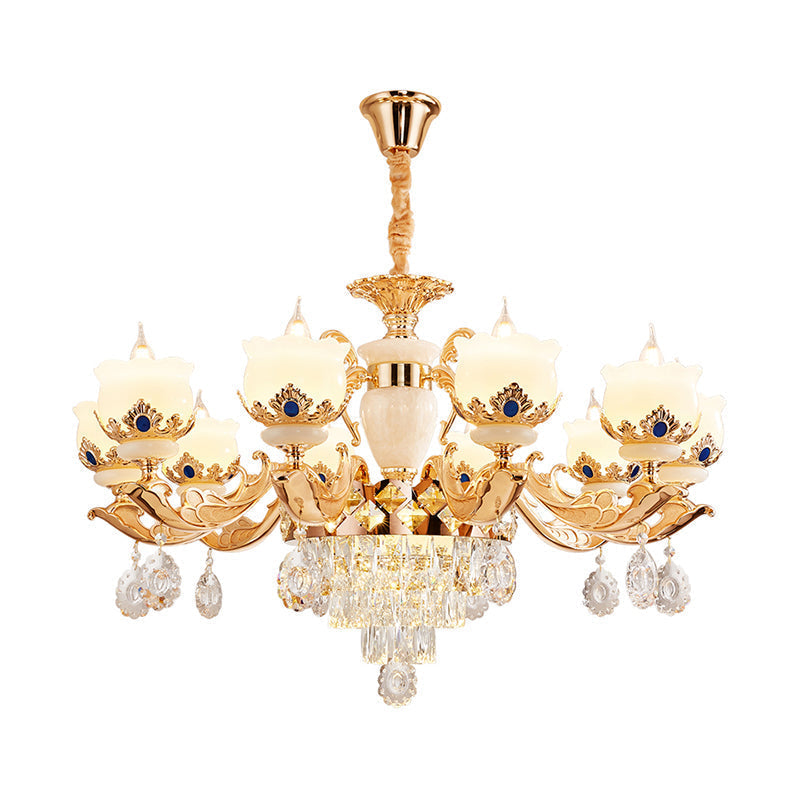 Vintage Floral Chandelier Pendant Light With Crystal - Cream Glass And Gold Finish