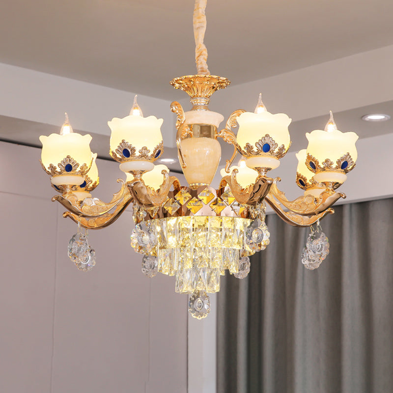 Vintage Floral Chandelier Pendant Light With Crystal - Cream Glass And Gold Finish