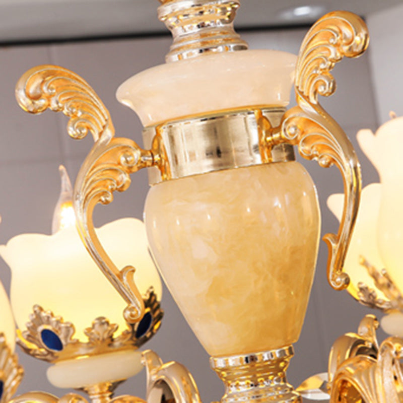 Vintage Floral Chandelier Pendant Light With Crystal - Cream Glass And Gold Finish