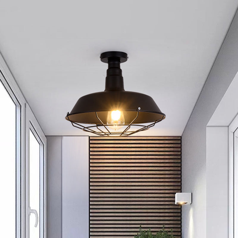 Retro Style Metallic Shaded Flush Mount Ceiling Light - Single Bulb Semi Flush in Black
