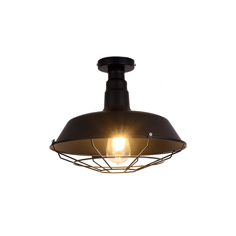 Retro Style Metallic Shaded Flush Mount Ceiling Light - Single Bulb Semi Flush in Black