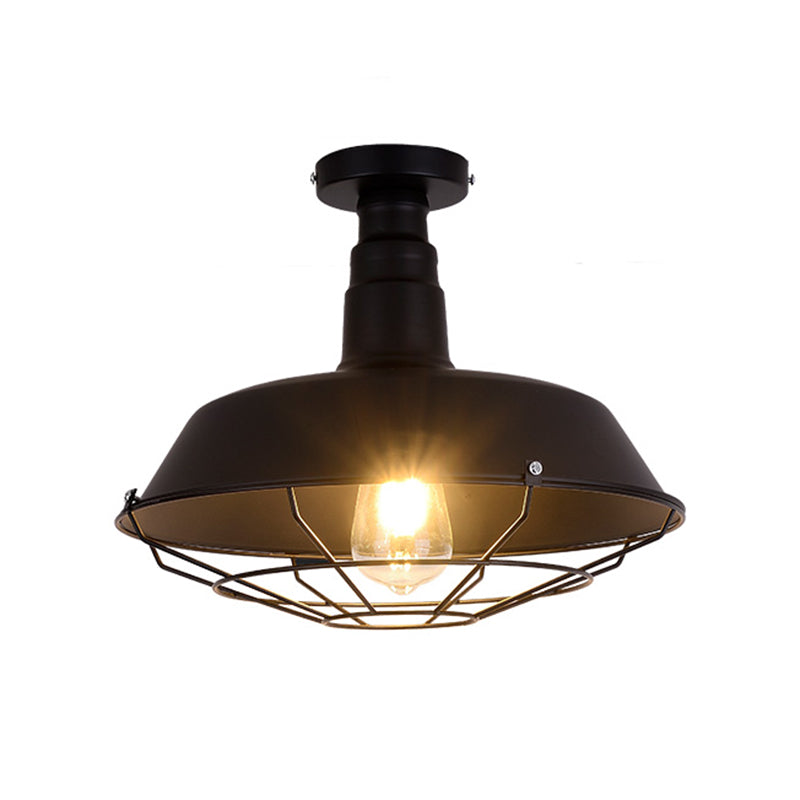 Retro Style Metallic Shaded Flush Mount Ceiling Light - Single Bulb Semi Flush in Black