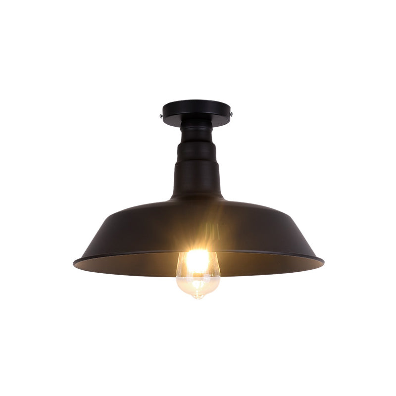 Retro Style Metallic Shaded Flush Mount Ceiling Light - Single Bulb Semi Flush in Black