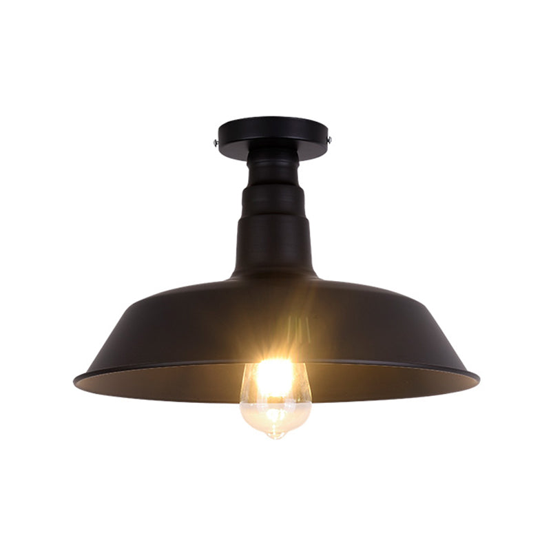 Retro Style Metallic Shaded Flush Mount Ceiling Light - Single Bulb Semi Flush in Black