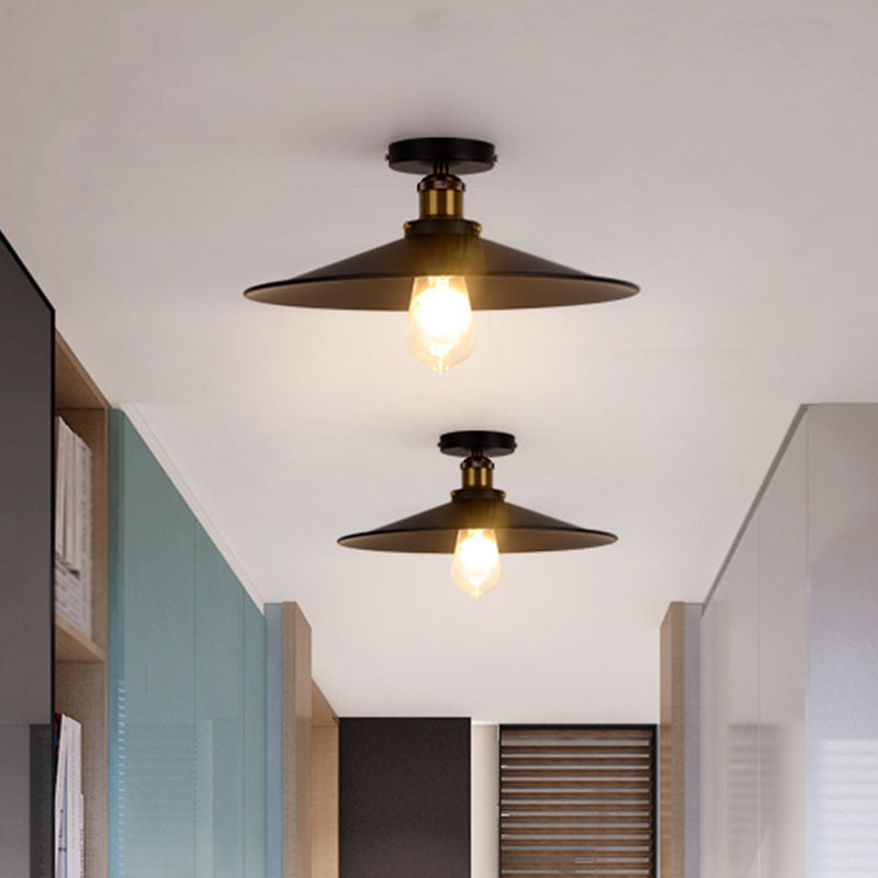 Retro Style Metallic Shaded Flush Mount Ceiling Light - Single Bulb Semi Flush in Black