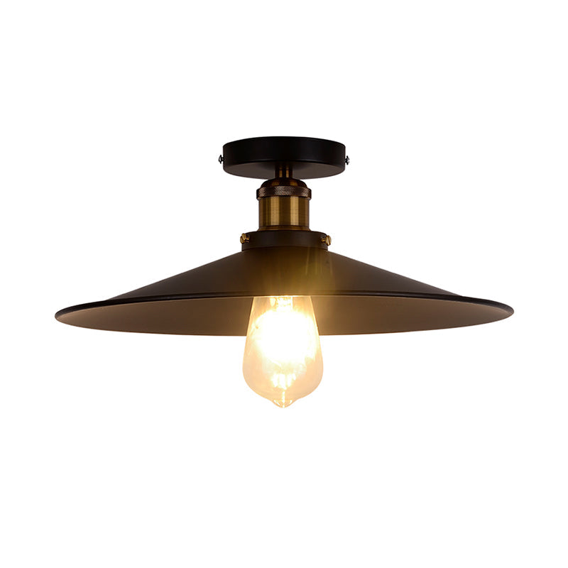 Retro Style Metallic Shaded Flush Mount Ceiling Light - Single Bulb Semi Flush in Black