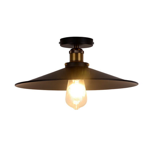 Retro Style Metallic Shaded Flush Mount Ceiling Light - Single Bulb Semi Flush in Black