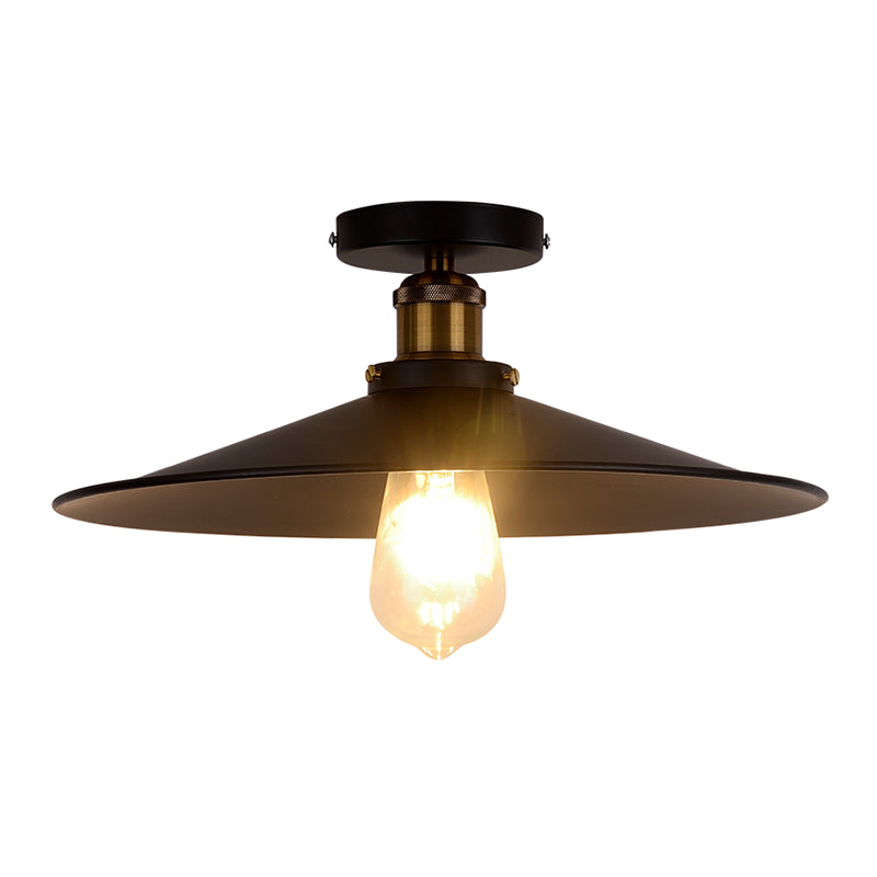 Retro Style Metallic Shaded Flush Mount Ceiling Light - Single Bulb Semi Flush in Black