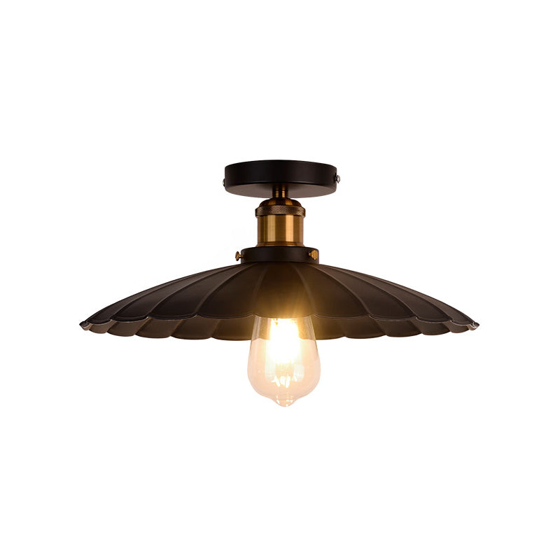 Retro Style Metallic Shaded Flush Mount Ceiling Light - Single Bulb Semi Flush in Black
