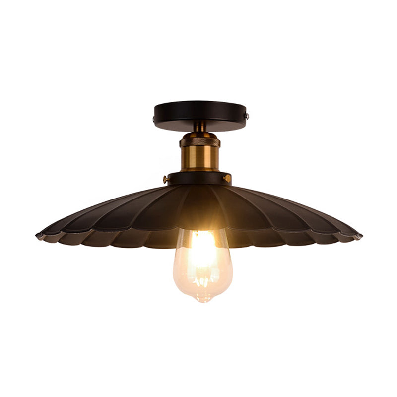 Retro Style Metallic Shaded Flush Mount Ceiling Light - Single Bulb Semi Flush in Black