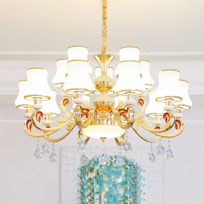 Traditional Living Room Chandelier With Crystal Draping - White Glass Bud Ceiling Lighting 15 / A