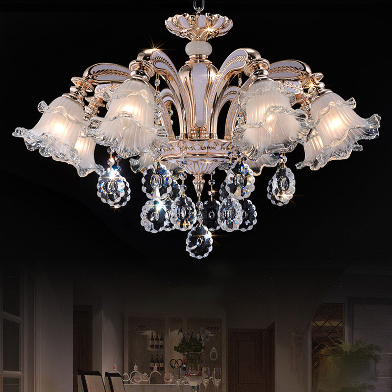 Vintage Floral Chandelier Pendant With Ribbed Ruffle Glass And Crystal Accent
