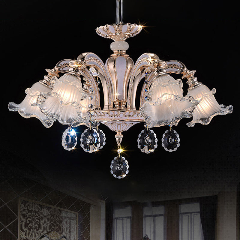 Vintage Floral Chandelier Pendant With Ribbed Ruffle Glass And Crystal Accent