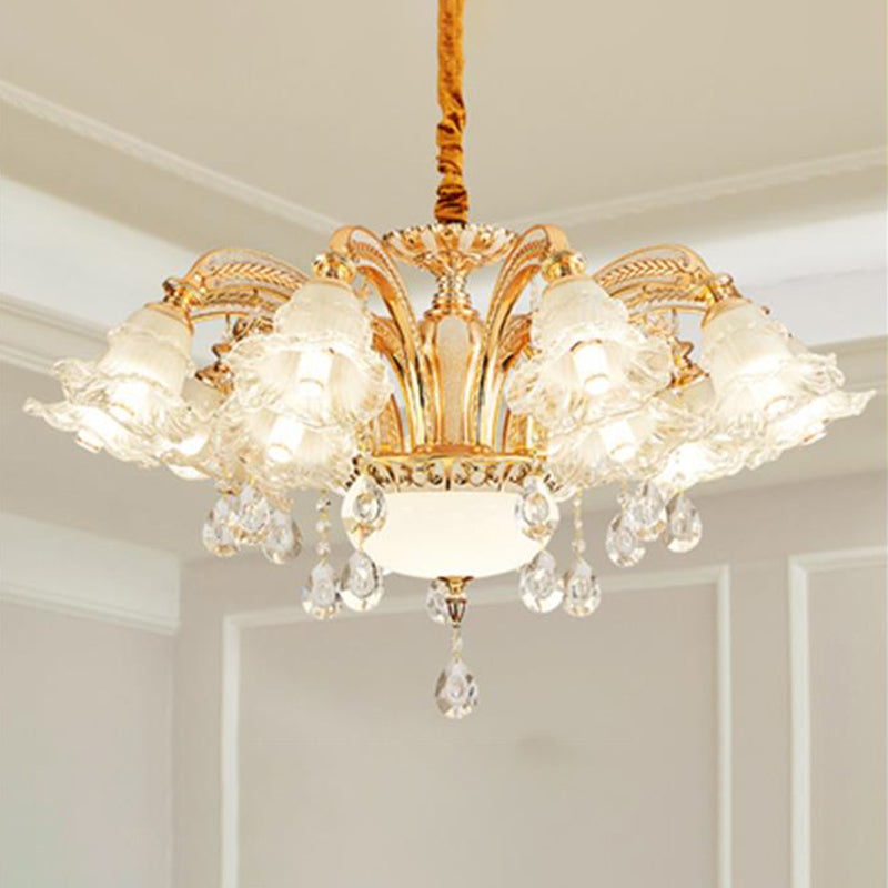 Vintage Floral Chandelier Pendant With Ribbed Ruffle Glass And Crystal Accent 15 / White