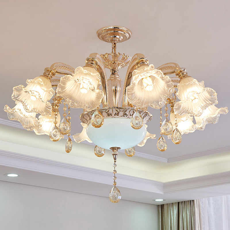 Vintage Floral Chandelier Pendant With Ribbed Ruffle Glass And Crystal Accent