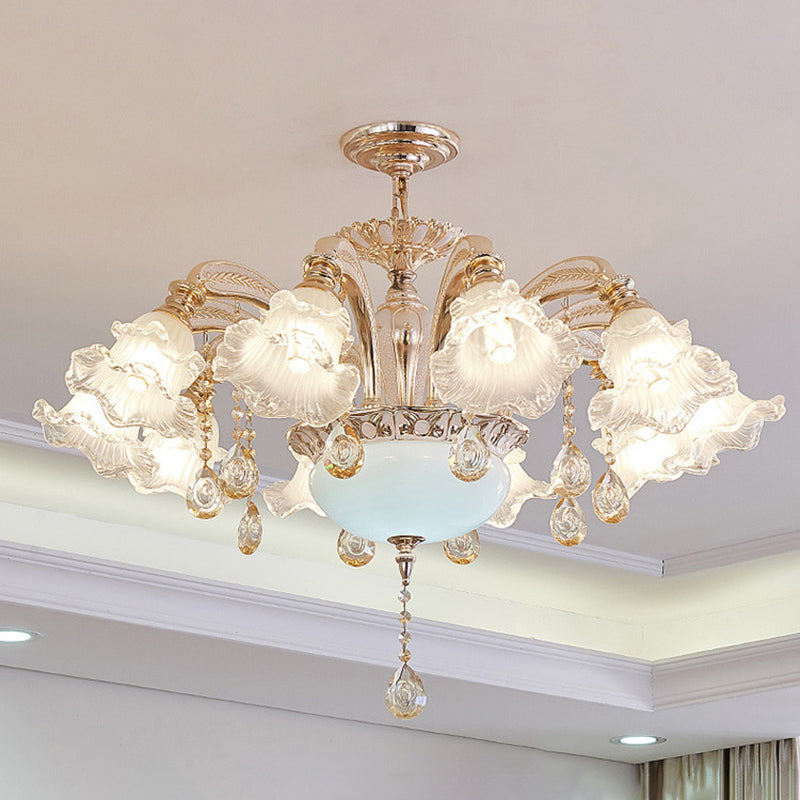 Vintage Floral Chandelier Pendant With Ribbed Ruffle Glass And Crystal Accent