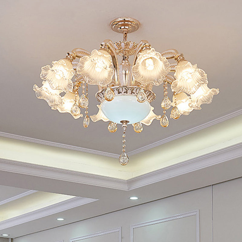 Vintage Floral Chandelier Pendant With Ribbed Ruffle Glass And Crystal Accent