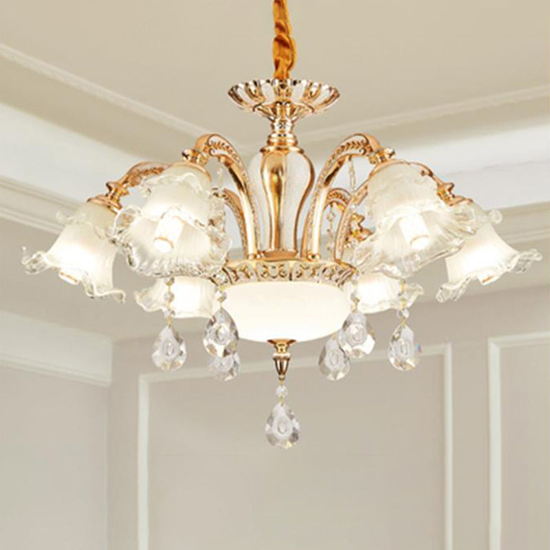 Vintage Floral Chandelier Pendant With Ribbed Ruffle Glass And Crystal Accent