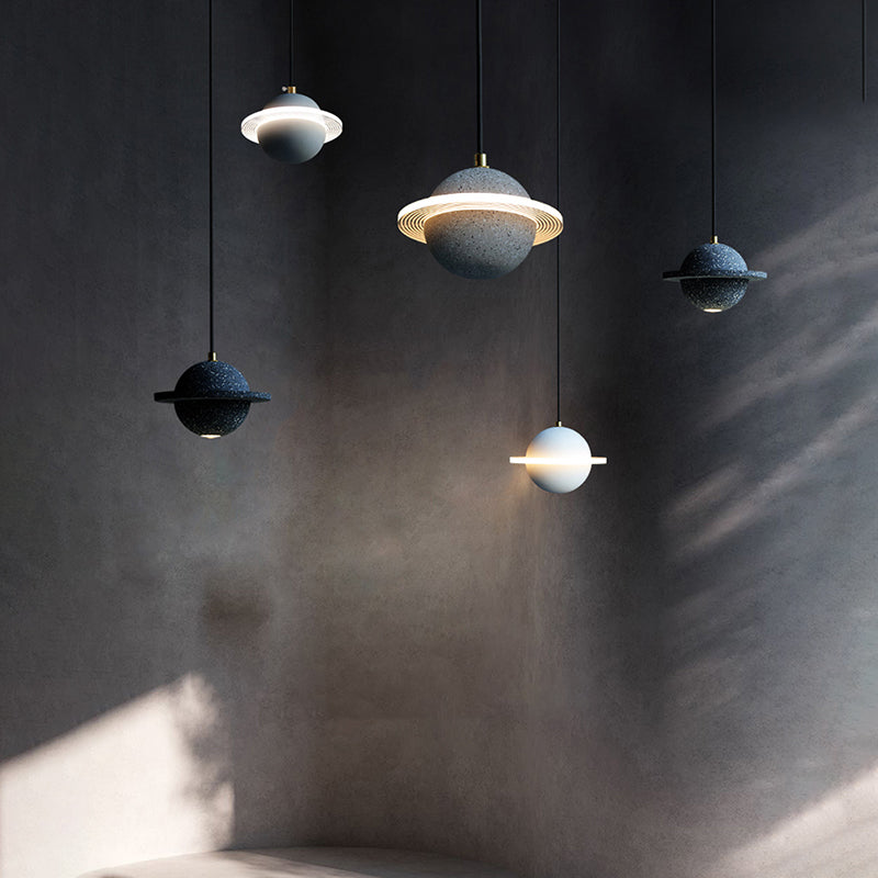LED Planet Shaped Cement Hanging Lamp: Stylish Single-Bulb Pendant Light for Bedroom
