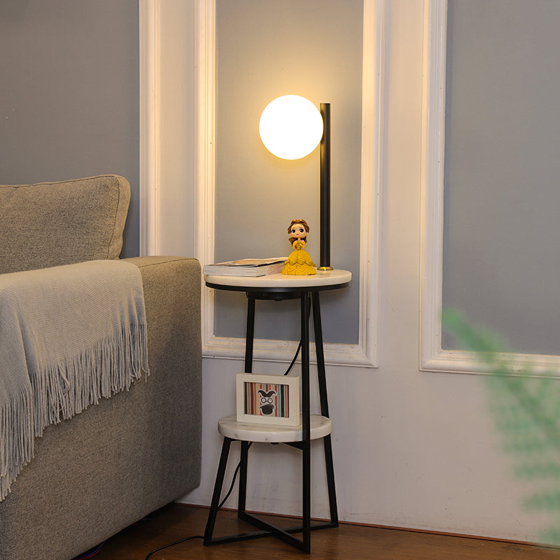 Opal Glass Sphere Floor Lamp With Marble Shelf - Elegant Black Standing Light For Living Room