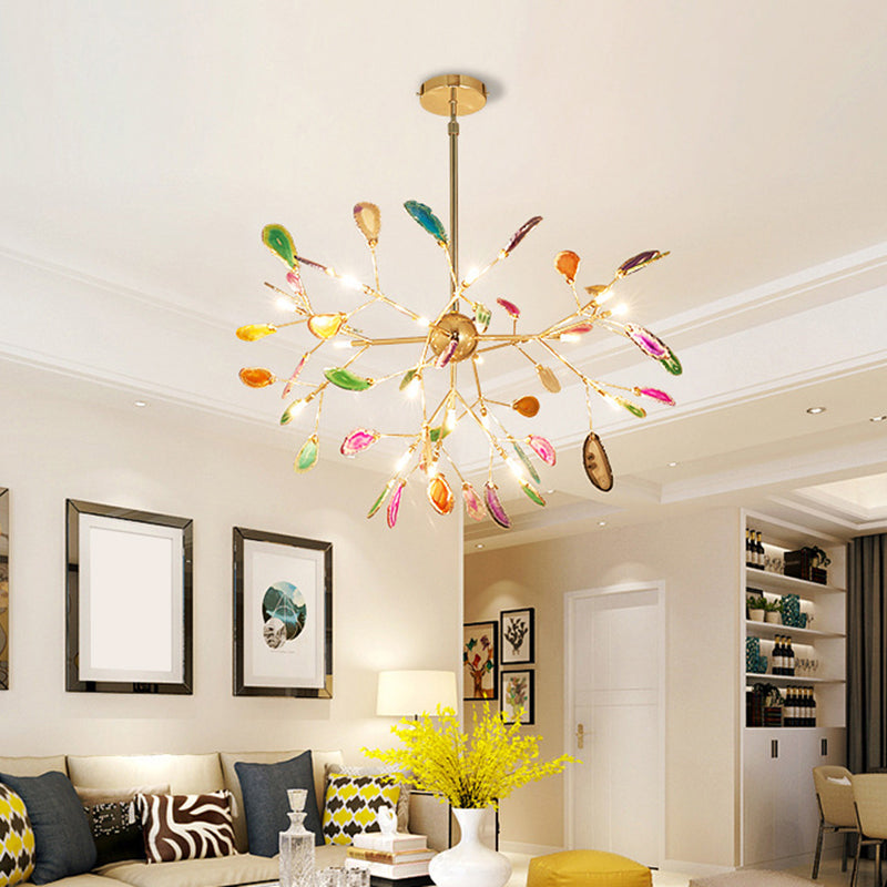 Minimalist Gold Led Pendant Light With Colorful Agate Sputnik Firefly Chandelier