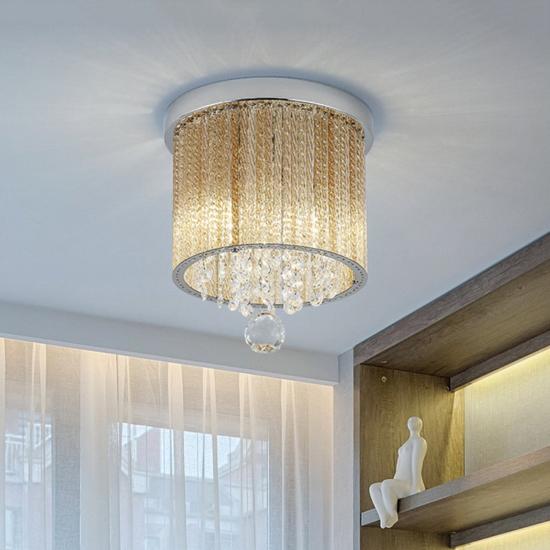 Modern Spiral Glass Rod Ceiling Light, 2-Light Flush Mount Chrome with Crystal Drop, 7"/10" Wide