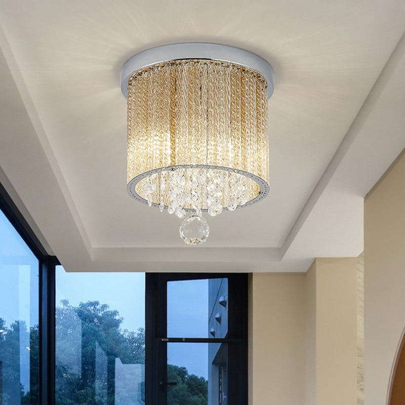 Modern Spiral Glass Rod Ceiling Light, 2-Light Flush Mount Chrome with Crystal Drop, 7"/10" Wide