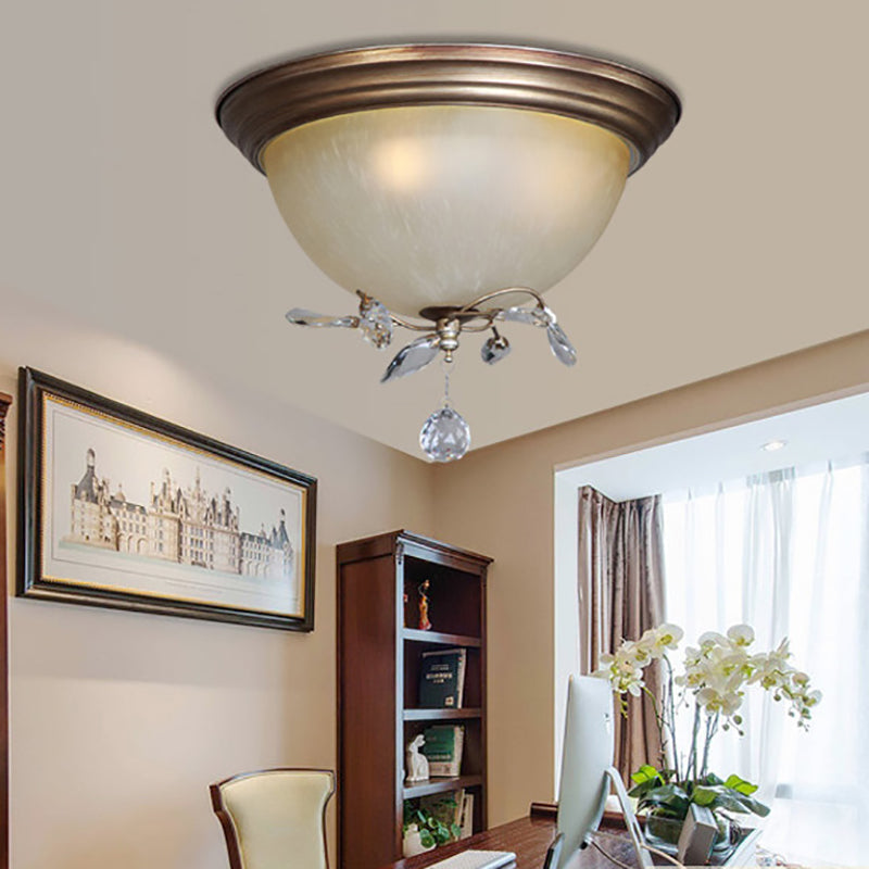 Rustic Dome Ceiling Fixture with Crystal Drop and 3 Glass Shade Lights - Bedroom Flush Mount Light