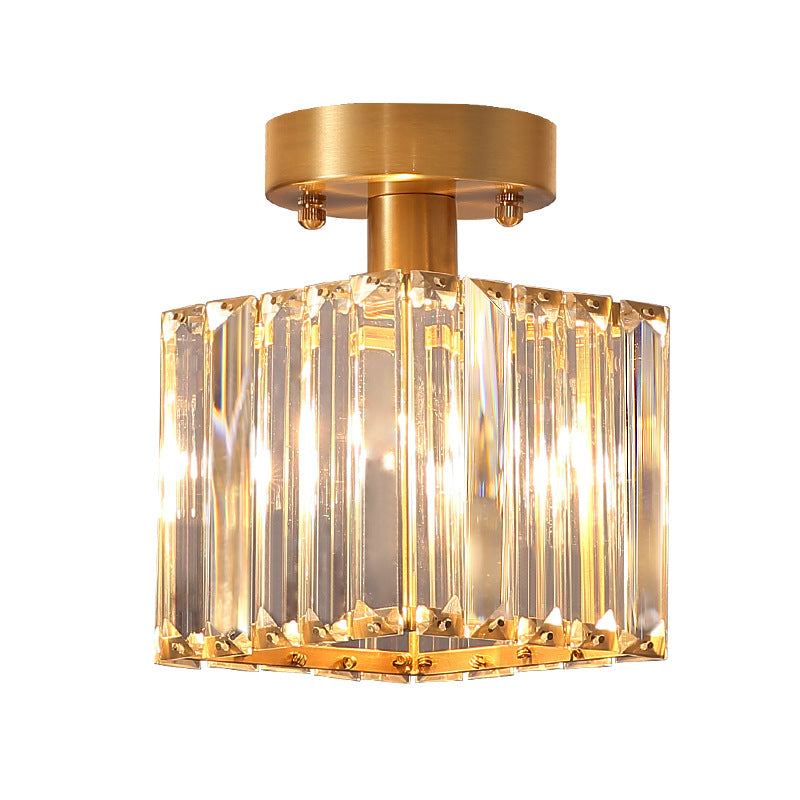 Modern Brass Semi Flush Mount Light with Crystal Shade - 1-Light Corridor Ceiling Mount