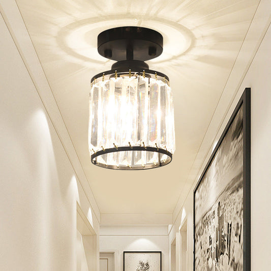 Contemporary Gold/Black Semi Flush Ceiling Light with Crystal Cylinder Shade