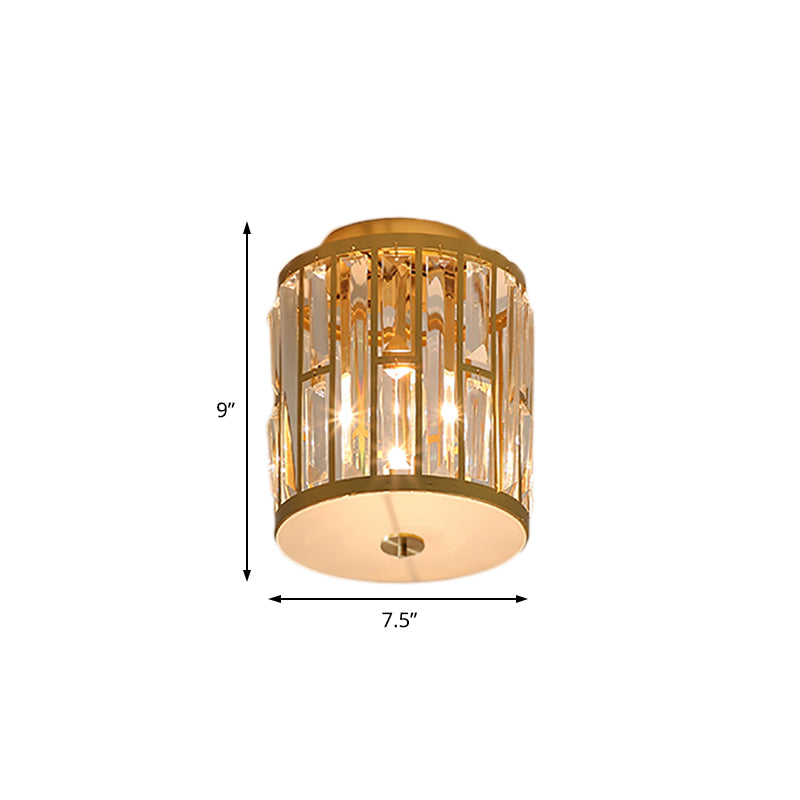 Modern Metal and Crystal Cylinder Flush Mount Light with Gold Ceiling Fixture"

or

"Gold Cylinder Flush Mount Light: Modern Metal and Crystal Fixture